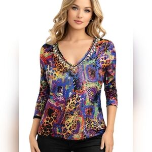 Alberto Makali Embellished Animal Print V-Neck Top Jewel Neckline Size L